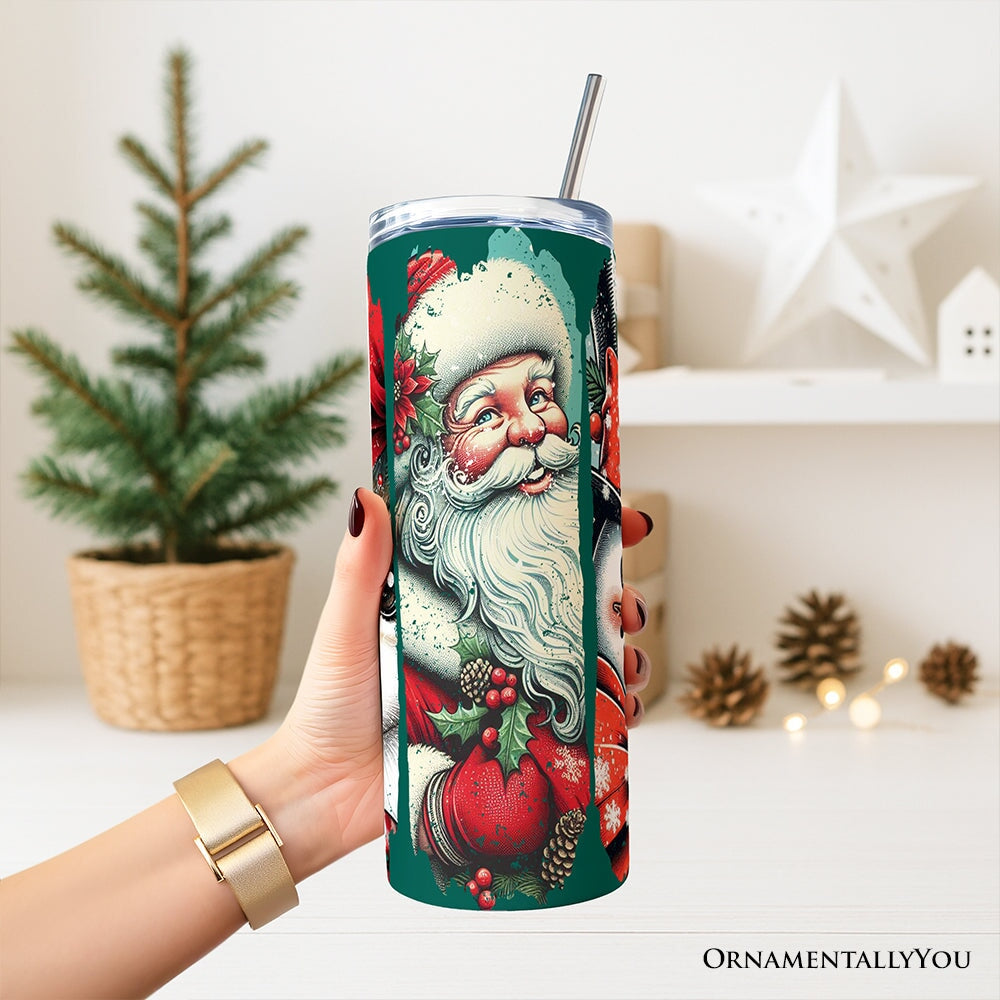 Vintage Tree, Reindeer, Santa and Snowman 20oz Personalized Tumbler With Lid and Stainless Steel Straw, Green Christmas Brushstrokes Gift Cup Tumbler OrnamentallyYou 