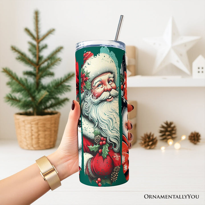 Vintage Tree, Reindeer, Santa and Snowman 20oz Personalized Tumbler With Lid and Stainless Steel Straw, Green Christmas Brushstrokes Gift Cup Tumbler OrnamentallyYou 