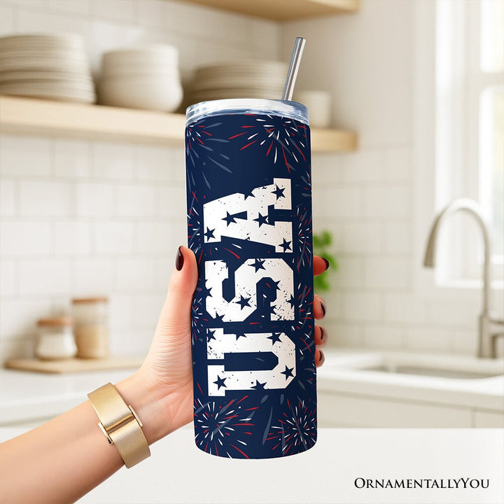 Vintage USA Block Letters 20oz Personalized Tumbler With Lid and Stainless Steel Straw, Patriotic Fireworks for Independence Day Gift Cup Tumbler OrnamentallyYou 