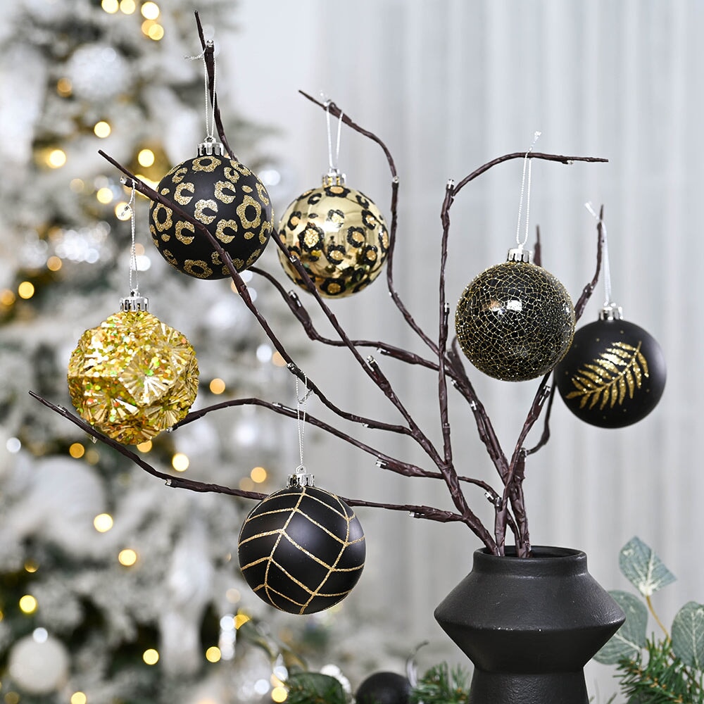 Vogue Black and Gold Ornament Set, Stylish Tree Set of 16 Glittery Baubles Ornament Bundle OrnamentallyYou 