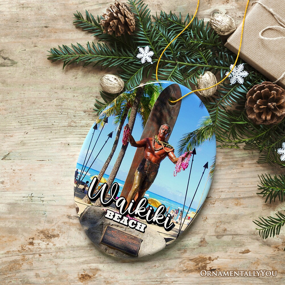 Waikiki Beach Hawaiian Paradise Ornament, Pacific Island Cultural Christmas Gift and Souvenir Ceramic Ornament OrnamentallyYou 