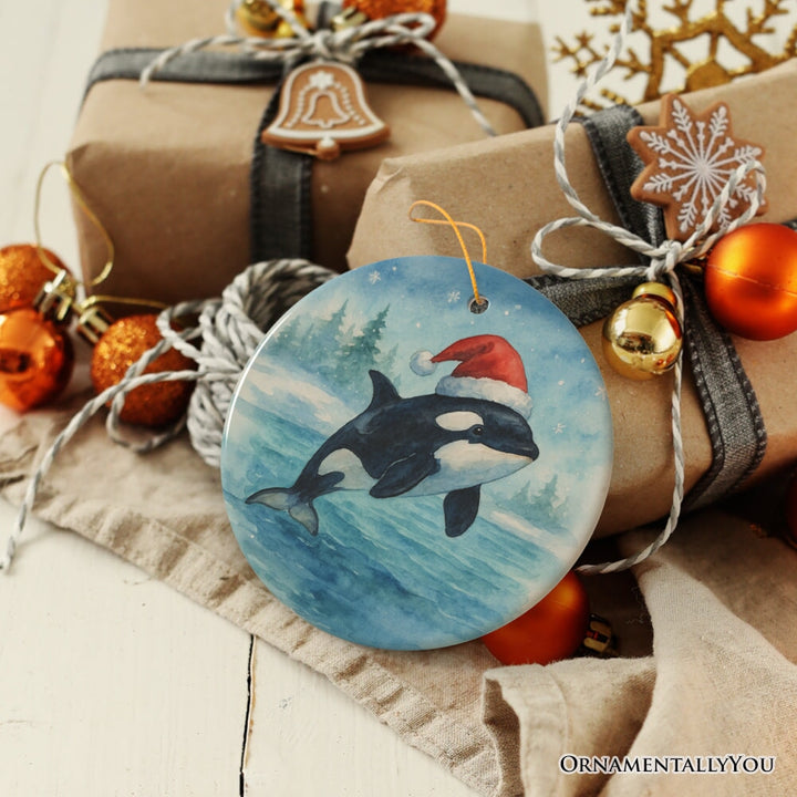 Watercolor Orca in Santa Hat Christmas Ornament, Marine Animal Holiday Keepsake and Gift Ceramic Ornament OrnamentallyYou 