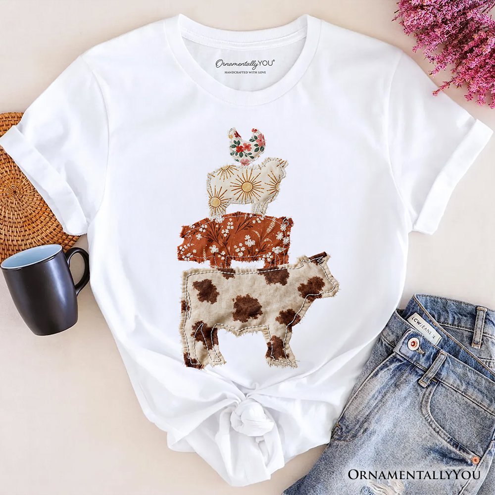 Western Farm Animals Printed Faux Patchwork T-Shirt, Country Cow Pig Sheep Hen Tee T-Shirts OrnamentallyYou White XS 