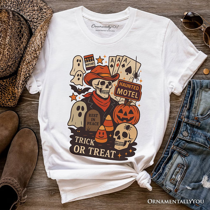 Western Halloween Skeleton T-Shirt, Haunted Motel Trick or Treat Tee T-Shirts OrnamentallyYou White XS 