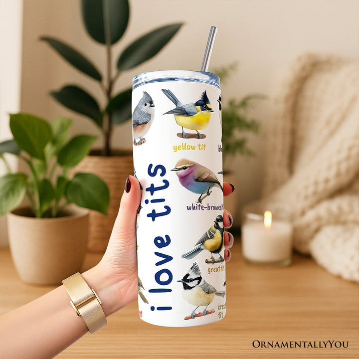 Whimsical Bird Tit 20oz Personalized Tumbler With Lid and Stainless Steel Straw, Funny Birdwatcher Gift Cup