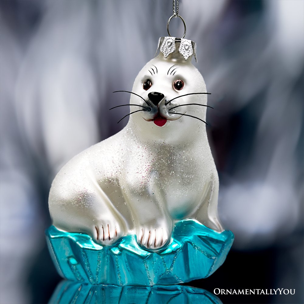 White Seal on a Glacier Glass Christmas Ornament, Pinnipeds and Sea Lion Themed Decor Glass Ornament OrnamentallyYou 