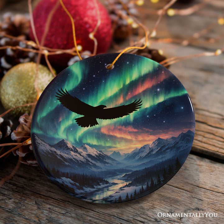 Wild Aurora Bald Eagle Ceramic Ornament, Northern Lights Bird of Prey Gift and Tree Decor