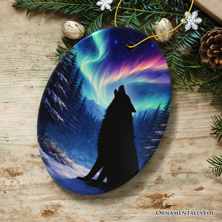Wild Aurora White Wolf Ceramic Ornament, Northern Lights Arctic Wolf Gift and Tree Decor