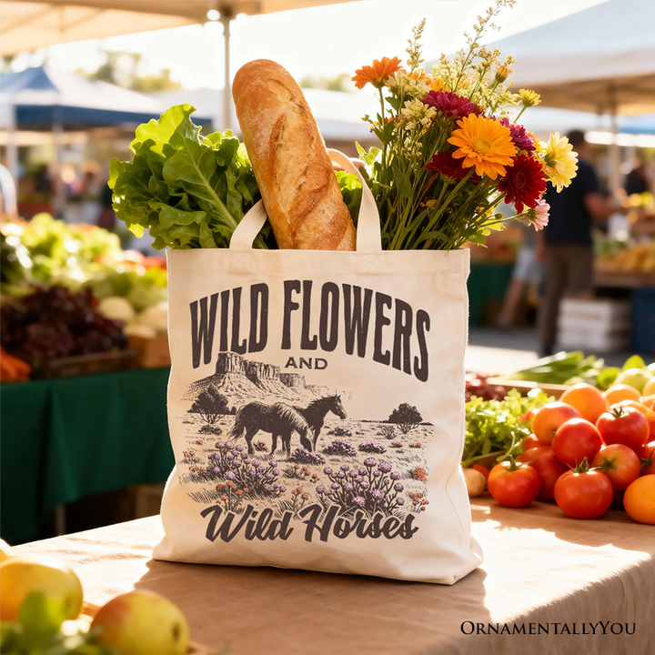 Wild Flowers and Wild Horses Canvas Tote Bag, Retro Western Gift for Free-Spirited Women