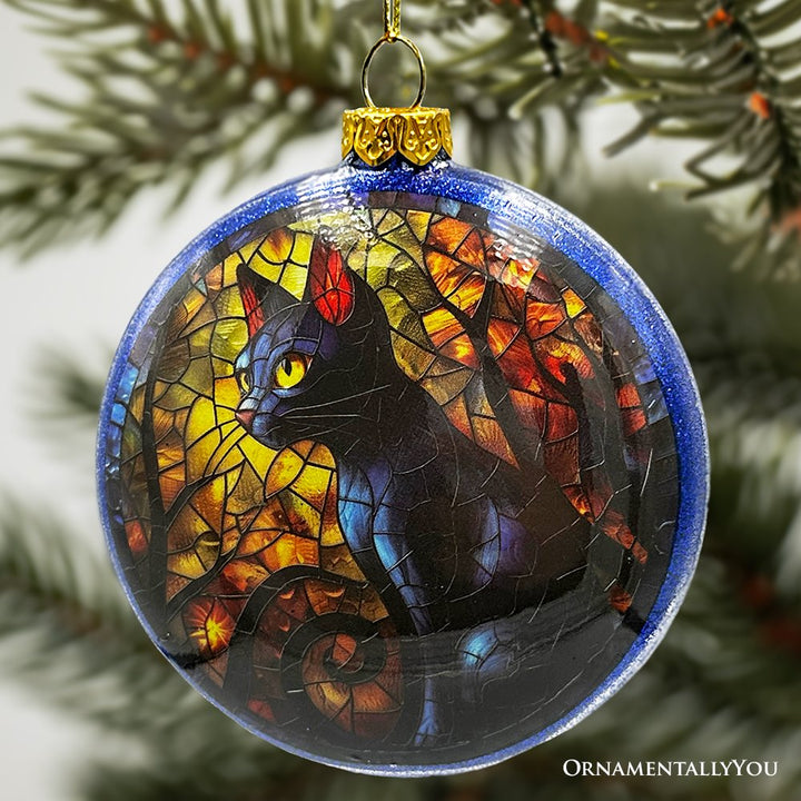 (Pre-Order) Witch and Black Cat Stained Glass Handblown Ornament, Spooky Halloween and Christmas Tree Decor Glass Ornament OrnamentallyYou 