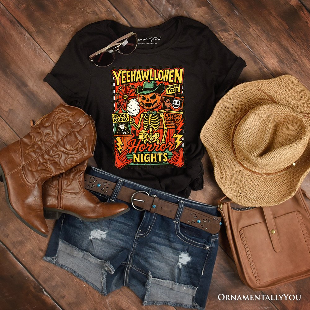 Yee Haw Halloween Retro Pumpkin Skeleton T-Shirt, Spooky Country Western Tee for Fall T-Shirts OrnamentallyYou Black XS 