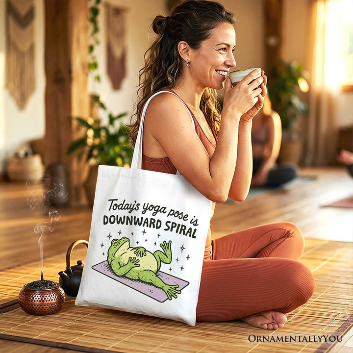 Yoga Frog Downward Spiral Tote Bag, Funny Mental Health Humor Gift Shopper Tote Bag OrnamentallyYou 