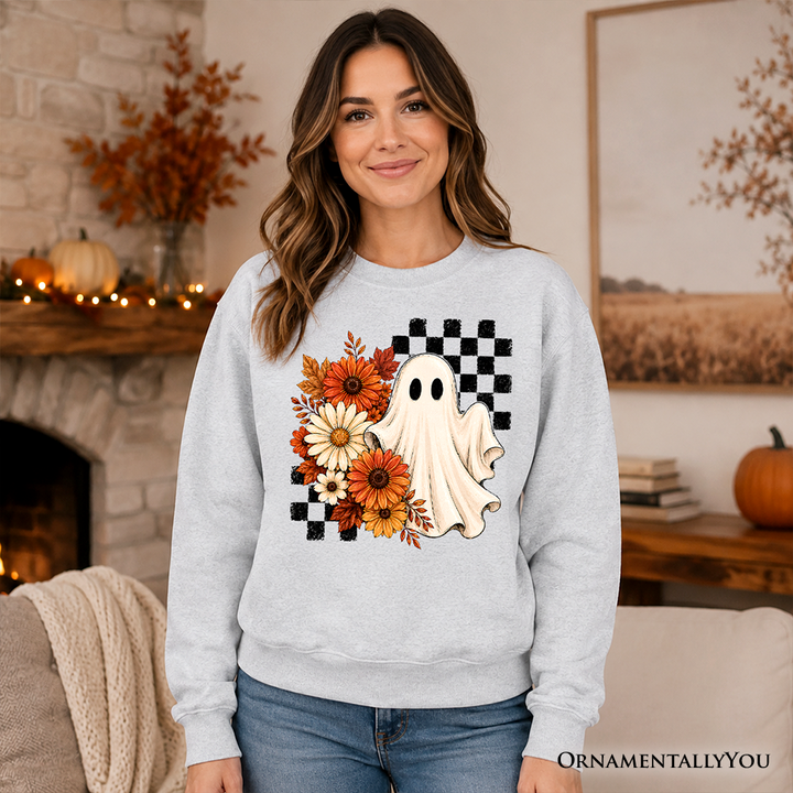 Checkered Floral Ghost Sweatshirt, Vintage Fall Halloween Daisy Sweater