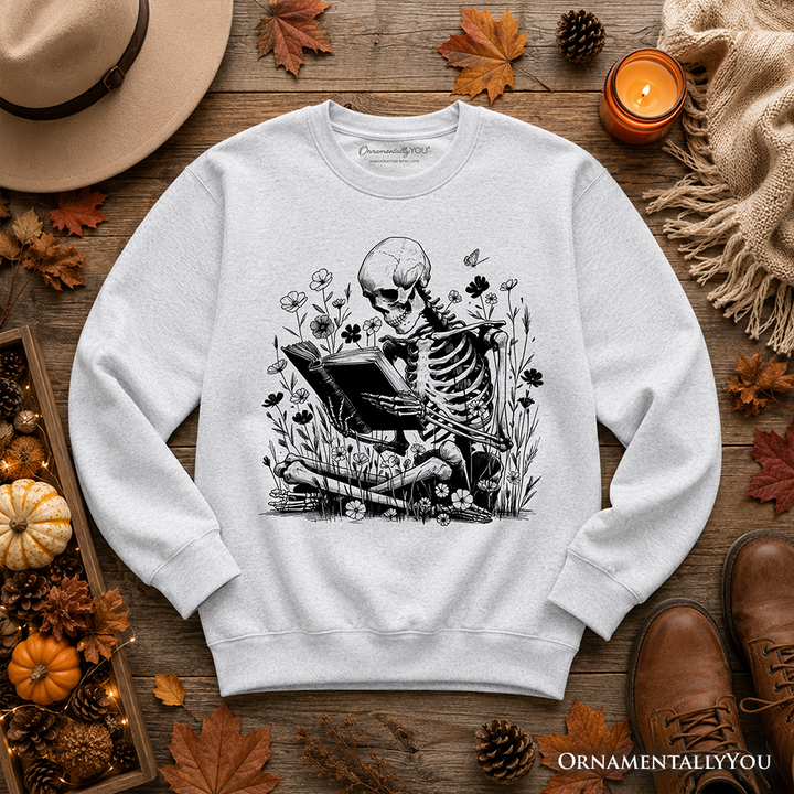 Gothic Reading Skeleton Sweatshirt, Floral Halloween Sweater for Spooky Bookworms