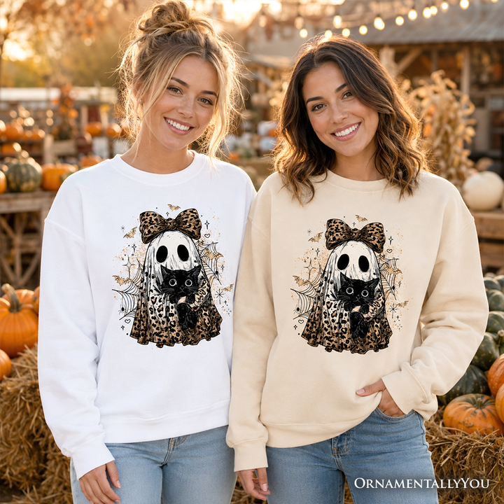 Leopard Bow Ghost with Black Cat Sweatshirt, Spooky Halloween Spider Web Sweater