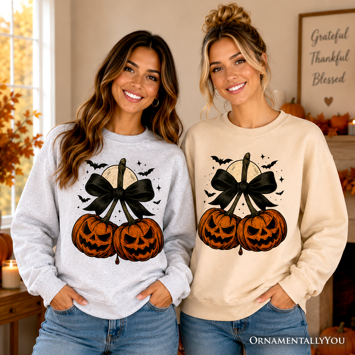 Pumpkin Cherries Coquette Bow Sweatshirt, Retro Halloween Fall Season Sweater for Sweet Autumn Girls