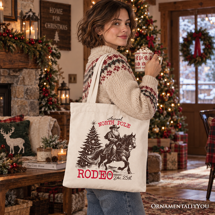 Annual North Pole Rodeo Tote Bag, Funny Cowboy Santa Christmas Gift Shopper for Country Lovers