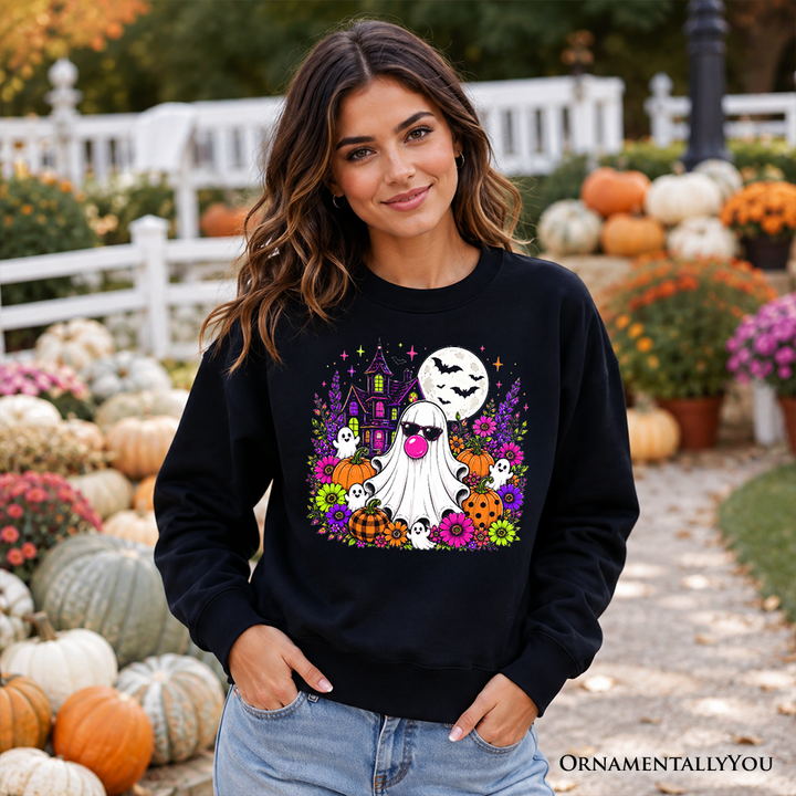 Bubblegum Ghost Haunted House Sweatshirt, Colorful Floral Halloween Pumpkin Sweater
