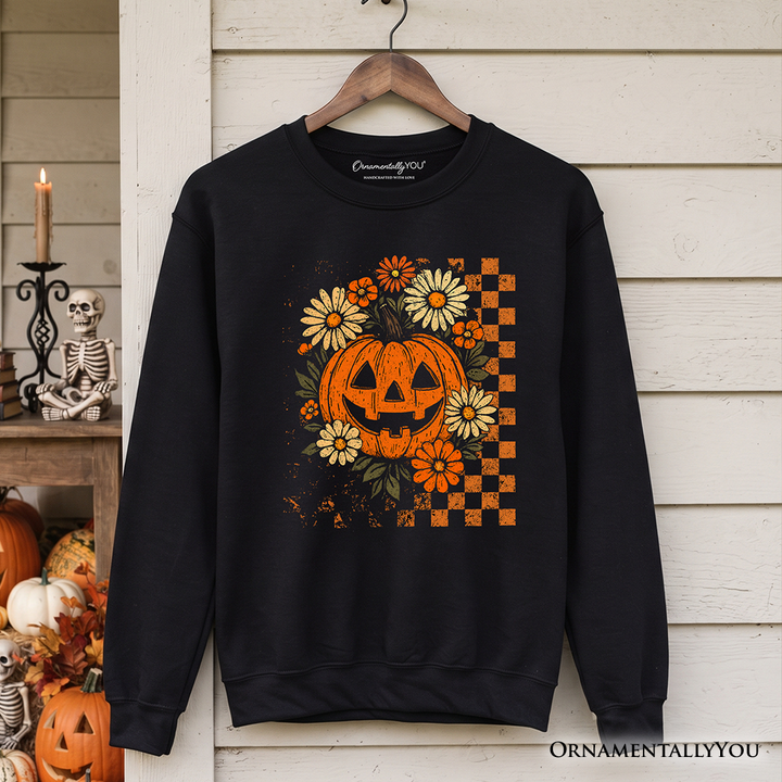 Checkered Floral Pumpkin Sweatshirt, Retro Preppy Halloween Sweater for Spooky Season Vibes