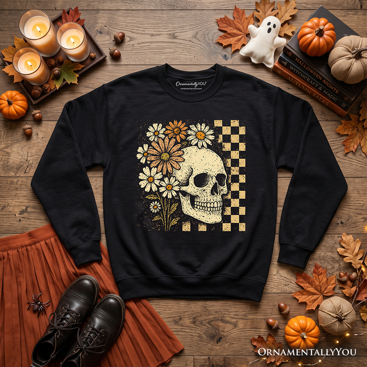 Checkered Floral Skeleton Sweatshirt, Vintage Skull Daisy Halloween Sweater