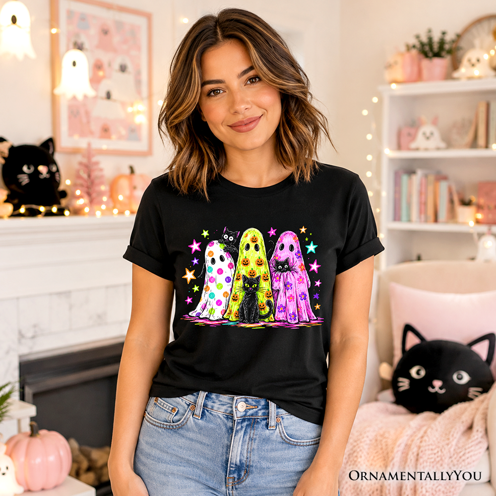 Colorful Ghosts and Black Cats T-Shirt, Neon Halloween Spooky Season Tee