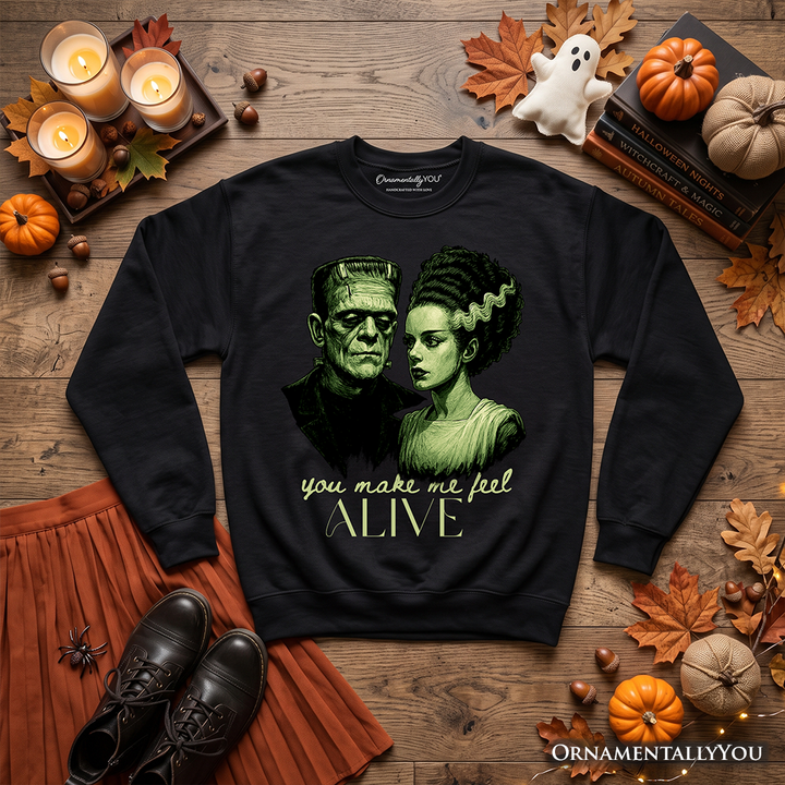 Frankenstein And Bride You Make Me Feel Alive Sweatshirt, Valentine Retro Horror Couples Love Sweater