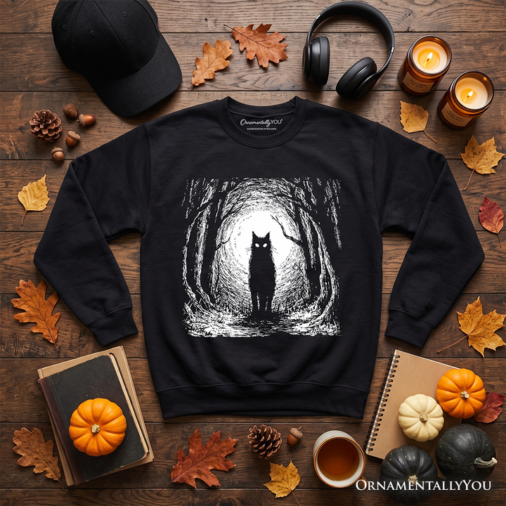 Haunted Forest Black Cat Sweatshirt, Spooky Halloween Night Sweater