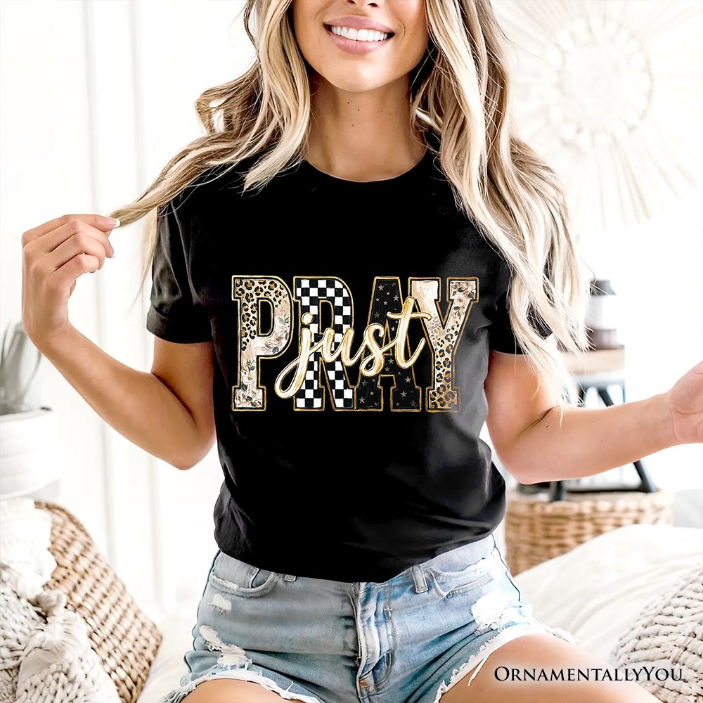 Just Pray Christian Varsity T-Shirt, Retro Leopard Checkered Faith Tee T-Shirts OrnamentallyYou 
