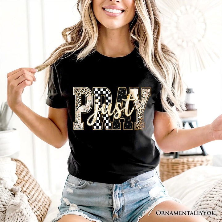 Just Pray Christian Varsity T-Shirt, Retro Leopard Checkered Faith Tee T-Shirts OrnamentallyYou 