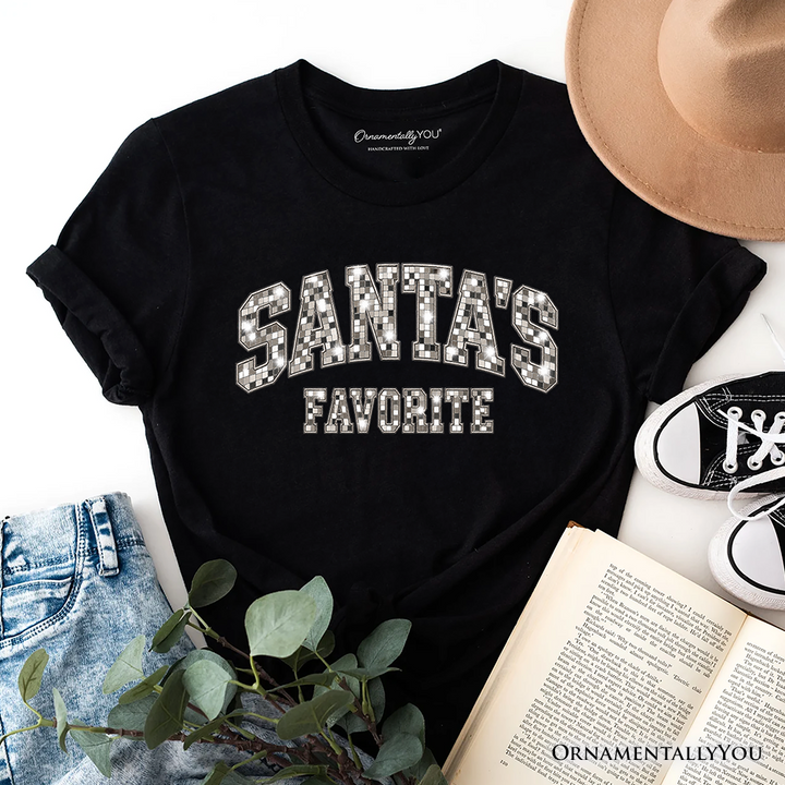 Santa’s Favorite Faux Mirrored Christmas T-Shirt, Disco Sparkle Holiday Tee
