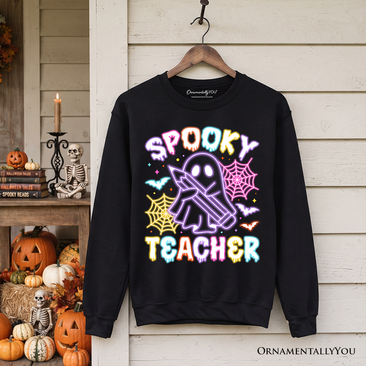 Spooky Teacher Neon Ghost Sweatshirt, Retro Halloween Sweater for Educators