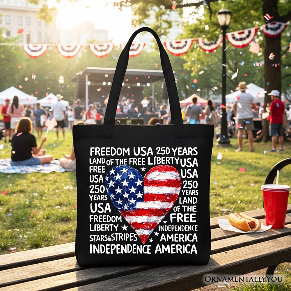 USA 250 Heart Patriotic Tote Bag, Retro 4th of July Gift Shopper Tote Bag OrnamentallyYou Black 