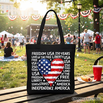 USA 250 Heart Patriotic Tote Bag, Retro 4th of July Gift Shopper Tote Bag OrnamentallyYou Black 