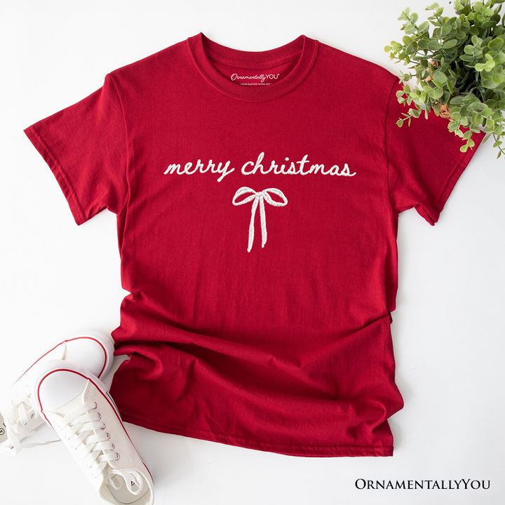 Merry Christmas Bow T-Shirt, Minimalist Coquette Holiday Tee