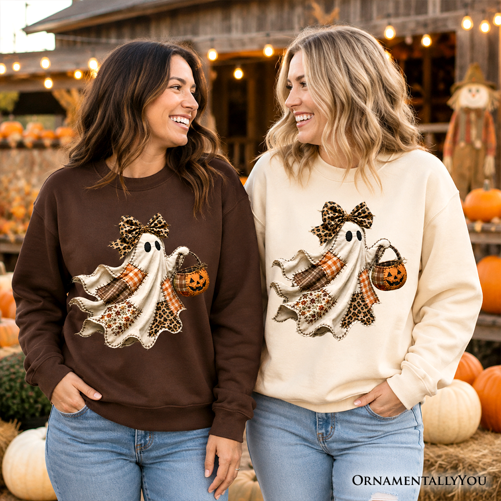 Ghost with Leopard Bow Imitation Patchwork Sweatshirt, Rustic Halloween Pumpkin Trick or Treat Sweater