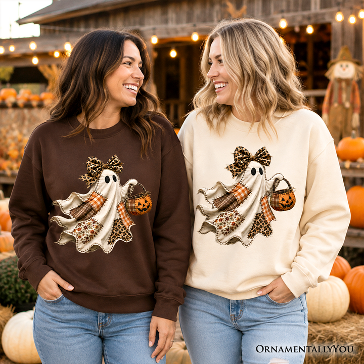 Ghost with Leopard Bow Imitation Patchwork Sweatshirt, Rustic Halloween Pumpkin Trick or Treat Sweater