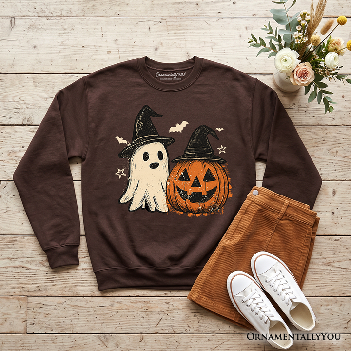 Witch Hat Ghost and Pumpkin Sweatshirt, Vintage Halloween Jack O' Lantern Sweater