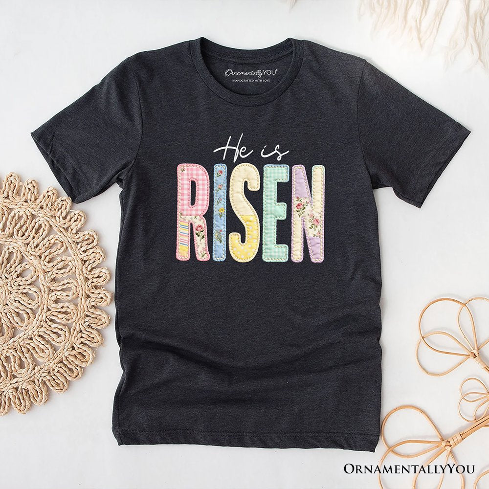 He Is Risen Printed Faux Embroidered Christian T-Shirt, Cute Religious Flowers Tee T-Shirts OrnamentallyYou Dark Gray XS 
