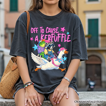 Off To Cause A Kerfuffle T-Shirt, Frog Raccoon Goose Funny Animal Tee