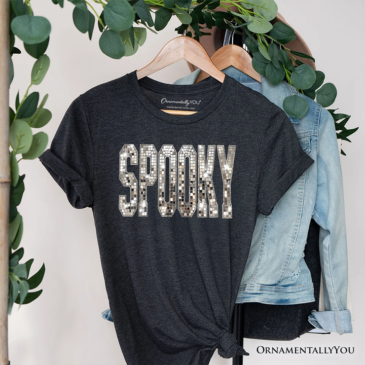 Spooky Faux Mirrored Letter Halloween T-Shirt, Disco Sparkle Tee