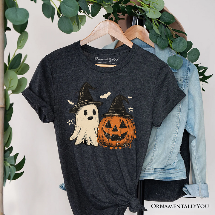Witch Hat Ghost and Pumpkin T-Shirt, Vintage Halloween Jack O’ Lantern Tee