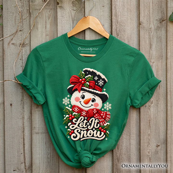 Let It Snow Faux Cross Stitch Snowman Christmas T-Shirt, Winter Holiday Tee