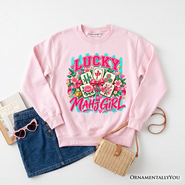 Lucky Mahjong Girl Sweatshirt, Colorful Floral Mahjong Tile Game Sweater