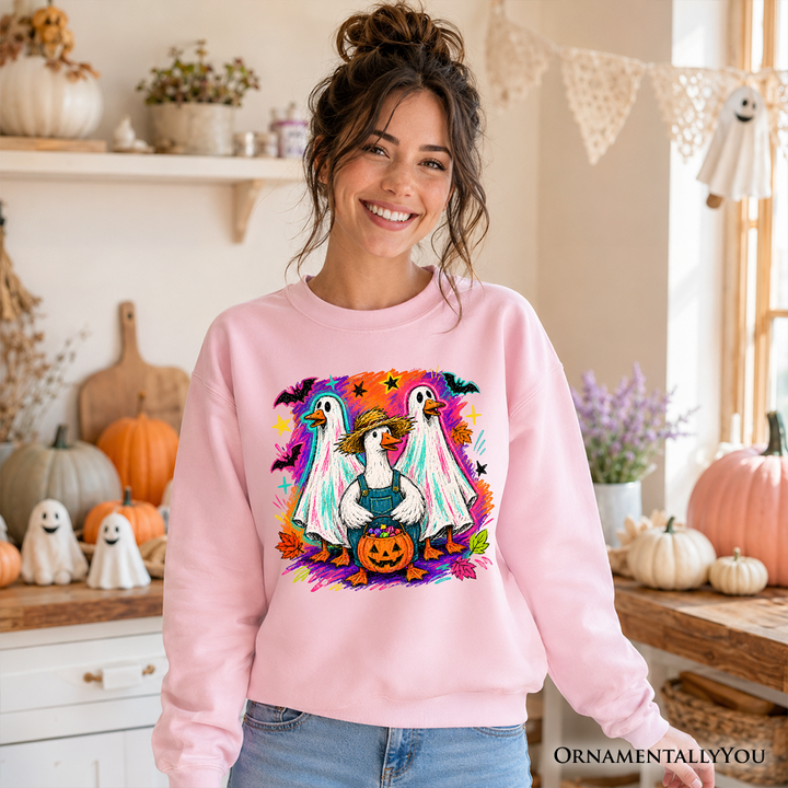 Trick or Treat Geese Sweatshirt, Colorful Halloween Ghost Costume Sweater