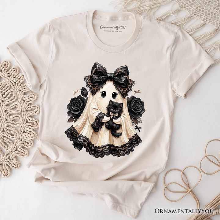 Gothic Ghost with Black Cat T-Shirt, Black Rose Coquette Halloween Tee