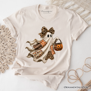 Ghost with Leopard Bow Imitation Patchwork T-Shirt, Rustic Halloween Pumpkin Trick or Treat Tee