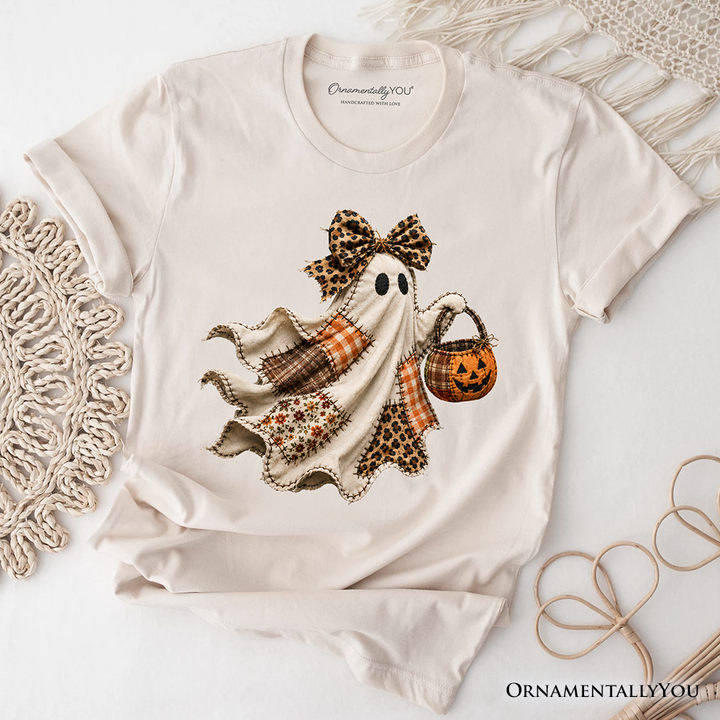 Patchwork Ghost with Leopard Bow T-Shirt, Rustic Halloween Pumpkin Trick or Treat Tee