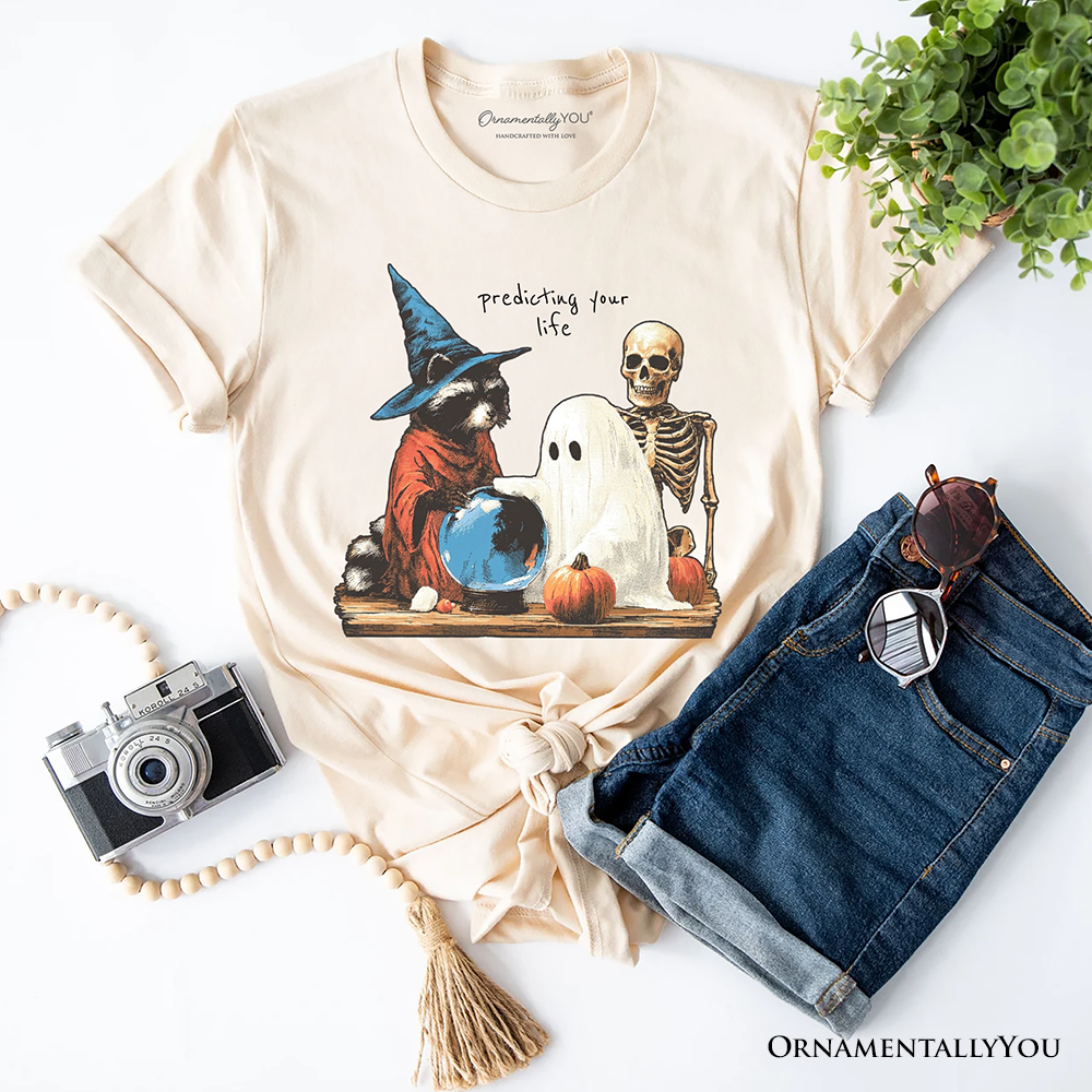 Predicting Your Life Witch Racoon T-Shirt, Vintage Halloween Ghost Skeleton Fortune Teller Tee