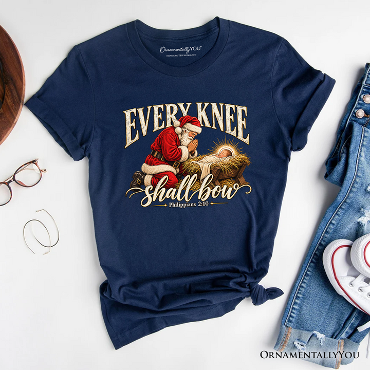 Every Knee Shall Bow Christmas Christian T-Shirt, Santa Nativity Faith Tee