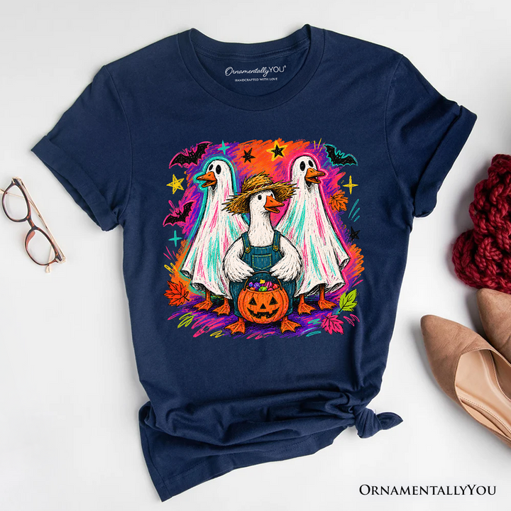 Trick or Treat Geese T-Shirt, Colorful Halloween Ghost Costume Tee